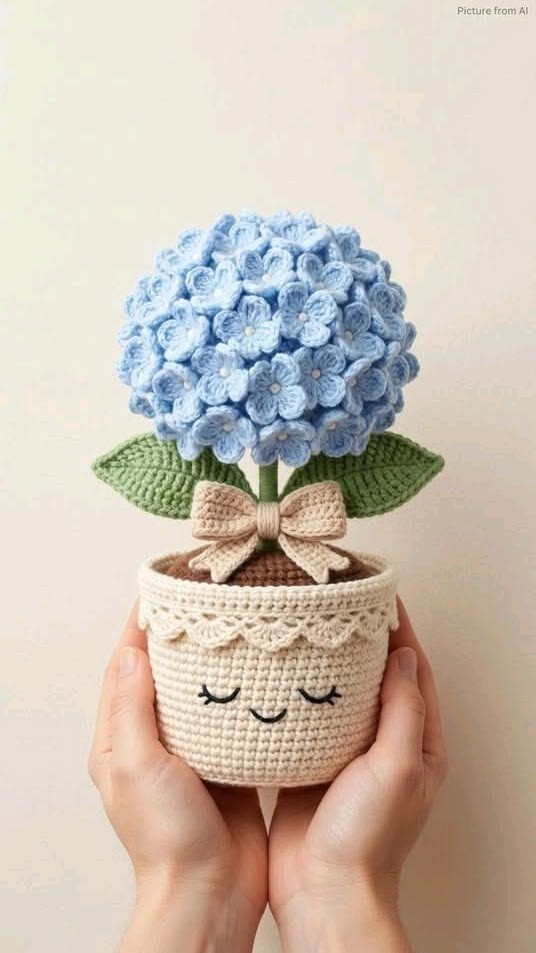 Hortênsia azul de crochê em vaso