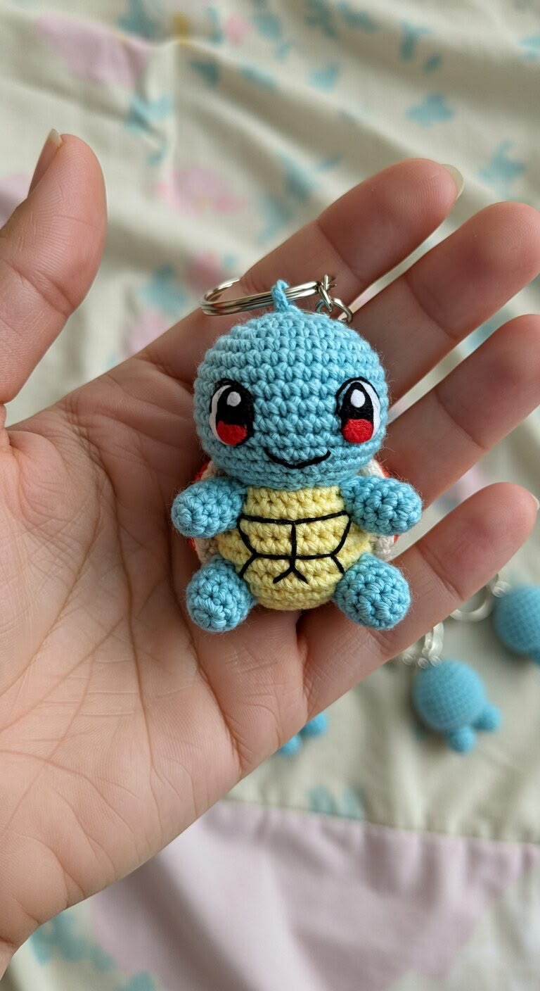Chaveiro de amigurumi de tartaruguinha azul em crochê